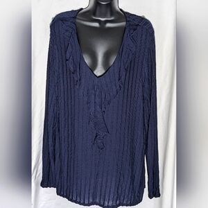 Women's Banana Republic Semi Sheer Navy Long Sleeve V-neck Ruffle Shirt| Size‎ L